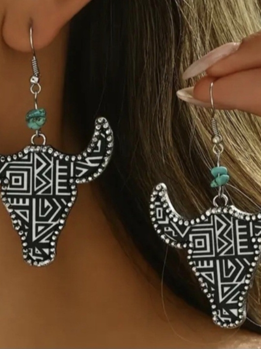 Wrangler Black & Turquoise Geometric Bull Head Dangle Earrings